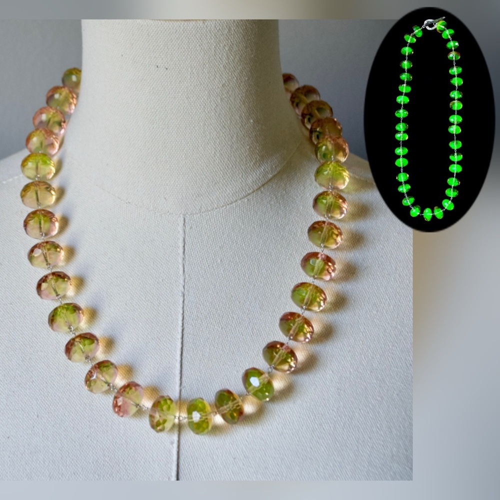 Sterling Silver UV Reactive Vaseline Yellow and Pink Bicolor Glass Necklace